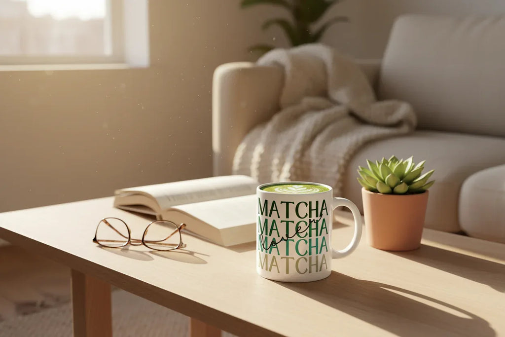 White ceramic matcha mug with green MATCHA text, on table with small plant