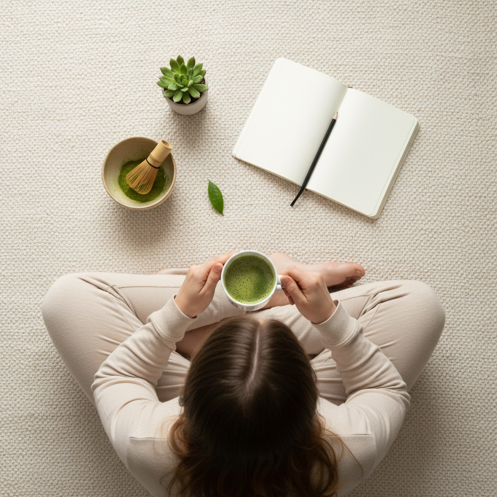 Ceramic mug filled with green tea, held near a notebook and small plant.