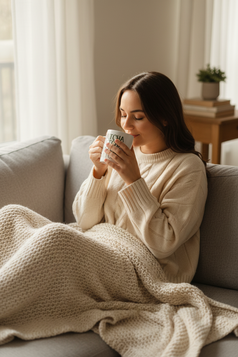 White ceramic matcha mug with green tea, held by a woman in a cozy sweater.