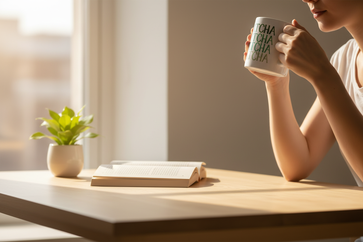 White ceramic mug printed with MATCHA text in green, held above a table.