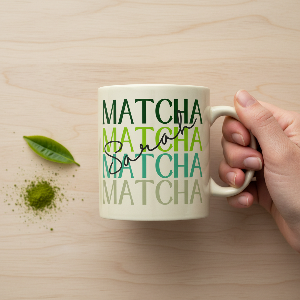 White ceramic matcha mug with green MATCHA design, held in hand