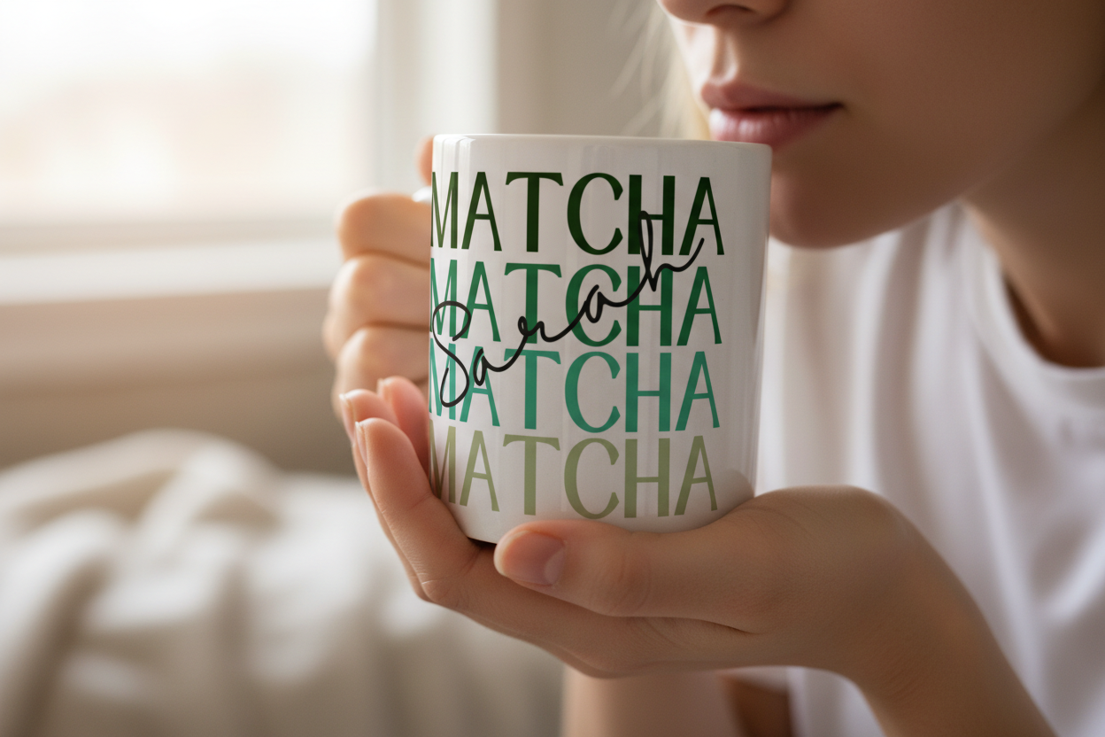 White ceramic mug with repeating green MATCHA text, held near a person’s face.