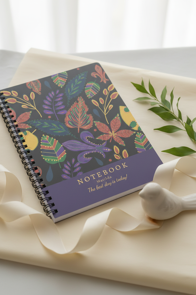 A5 lined spiral notebook with dark cover and colorful botanical leaf pattern