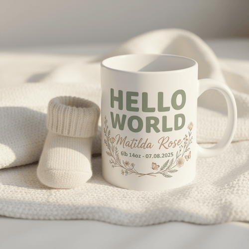 White mug with green 'HELLO WORLD' text and floral border; personalized name and date.
