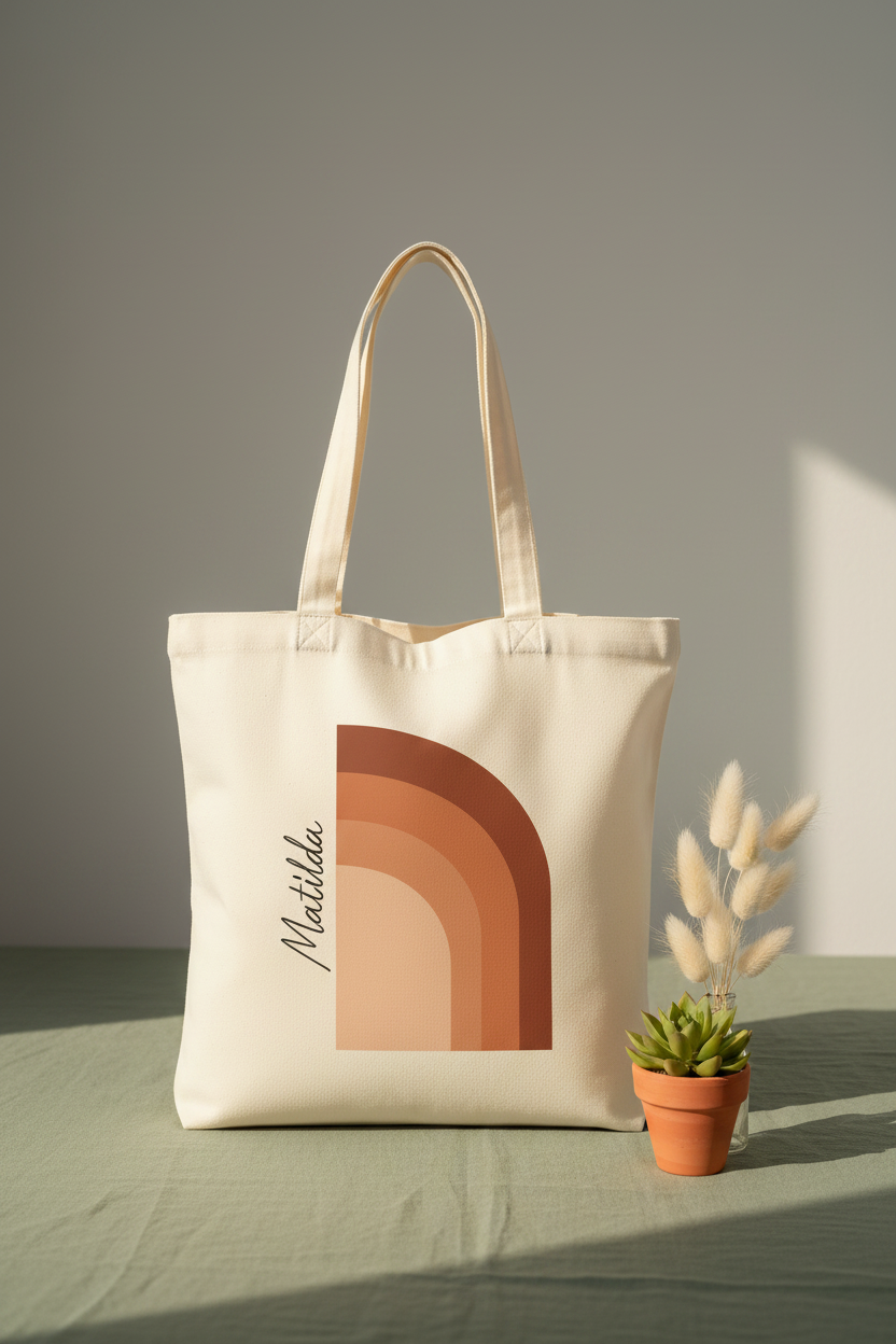 White cotton tote bag with terracotta arch print, centered front view