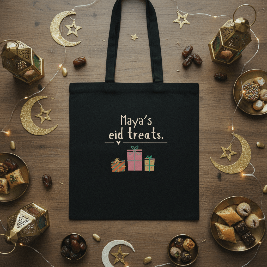 Black cotton tote bag with “Maya’s eid treats” text and gift illustration