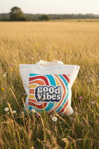 White canvas tote bag with colorful retro 'Good Vibes Only' logo and handles