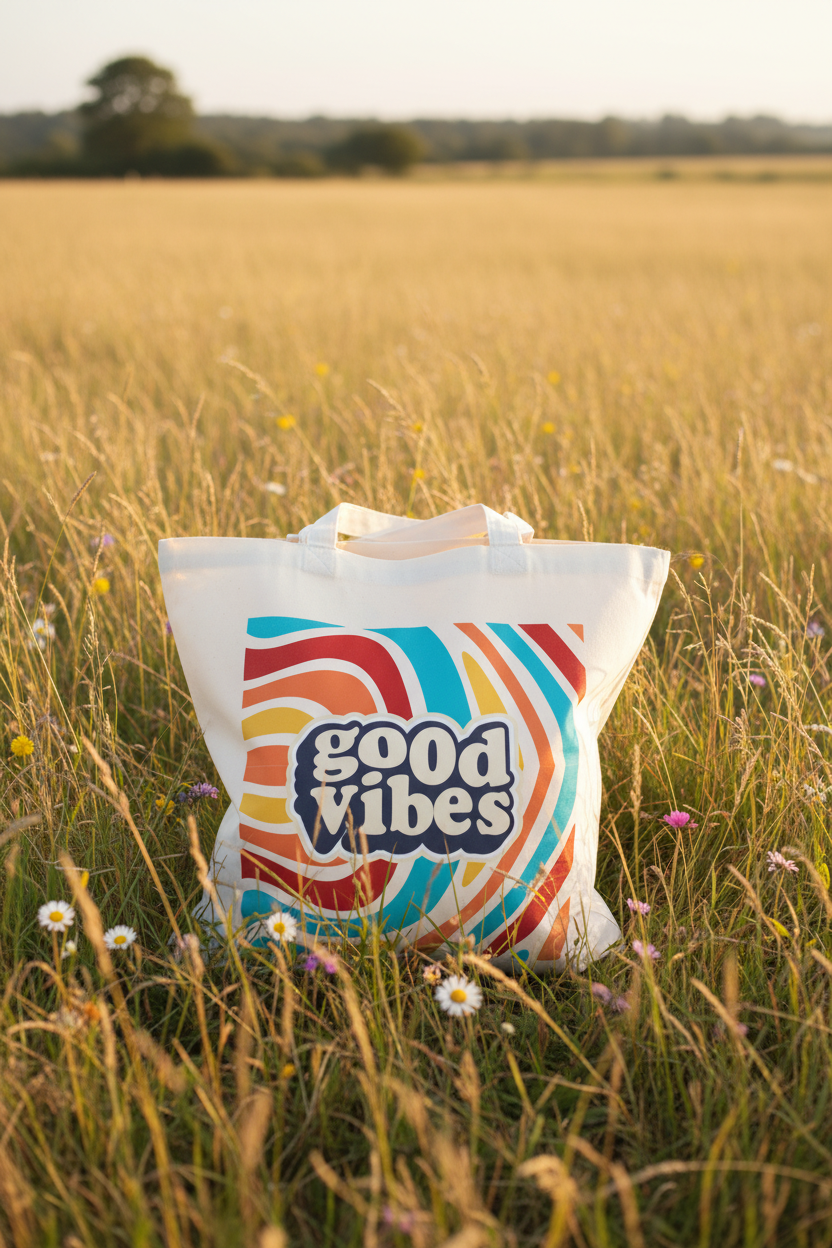 White canvas tote bag with colorful retro 'Good Vibes Only' logo and handles