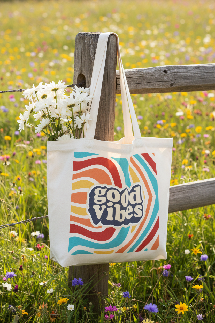 White canvas tote bag with 'good vibes' retro print hanging from a wooden fence