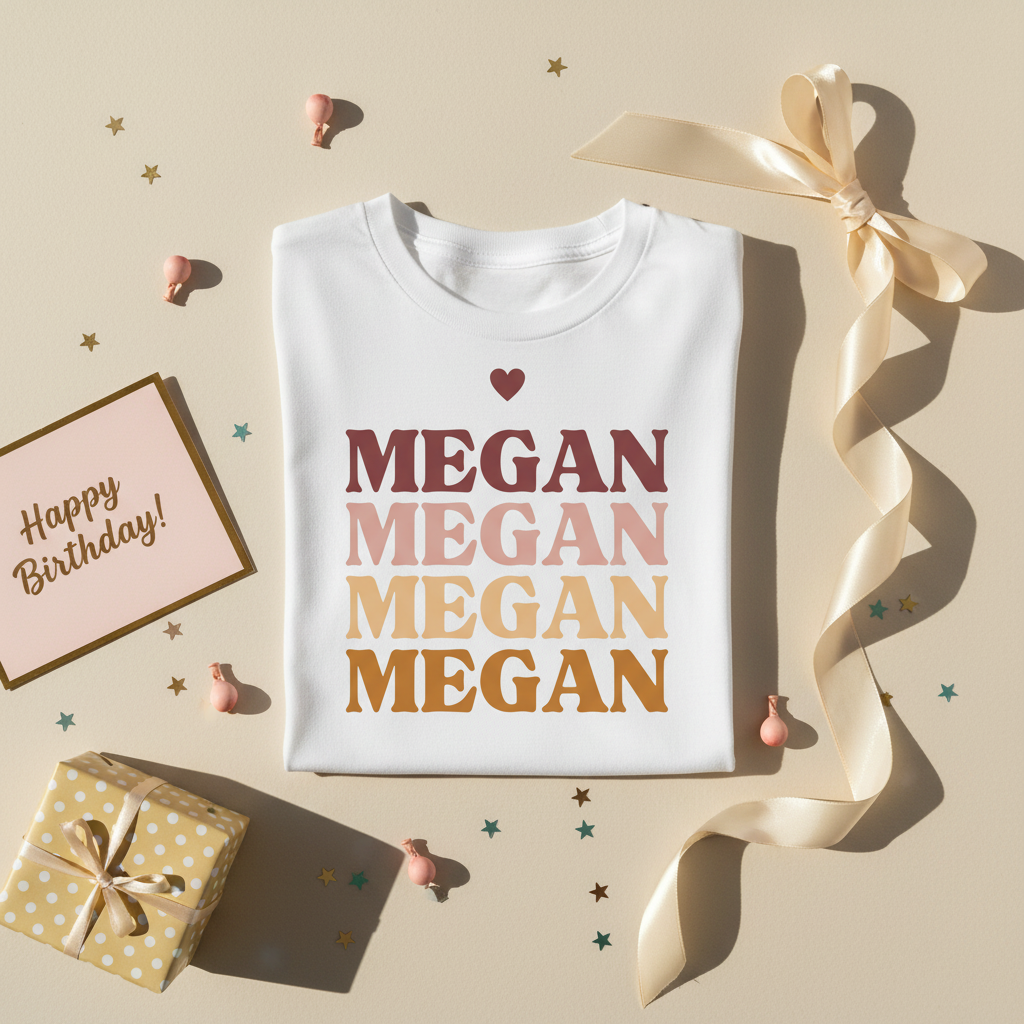 Personalised name stack T-shirt, white, stacked 'MEGAN' ombre letters with heart