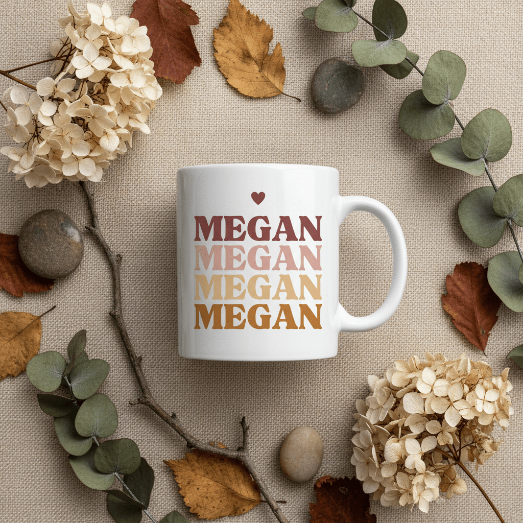 White ceramic mug with heart above stacked MEGAN text and round handle