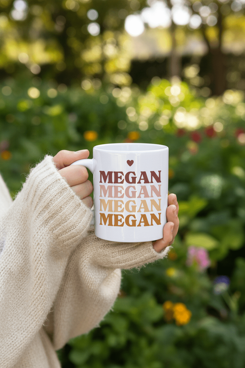 White ceramic mug with heart above stacked MEGAN text, held in a sweater sleeve
