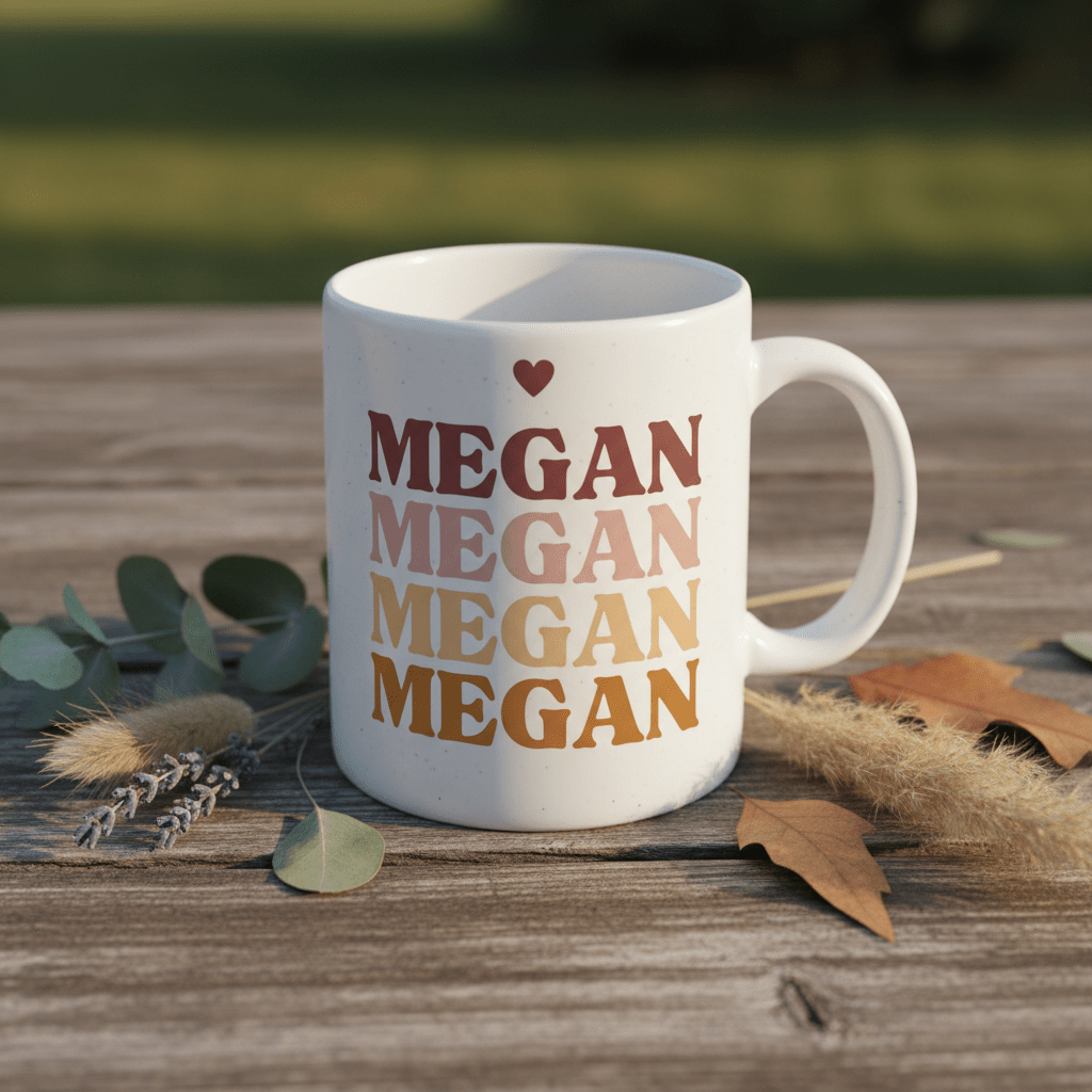 White ceramic mug with heart above stacked MEGAN text, single side view