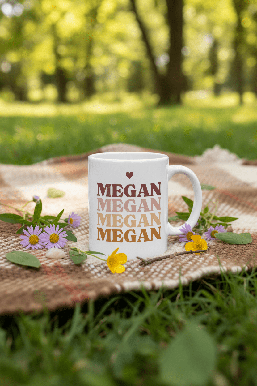 White ceramic mug with heart above stacked MEGAN text and side handle
