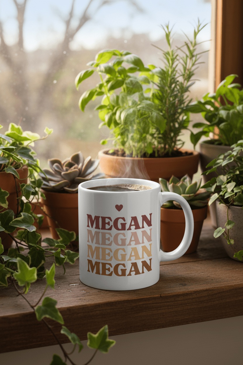 White mug with stacked MEGAN text and mug handle visible
