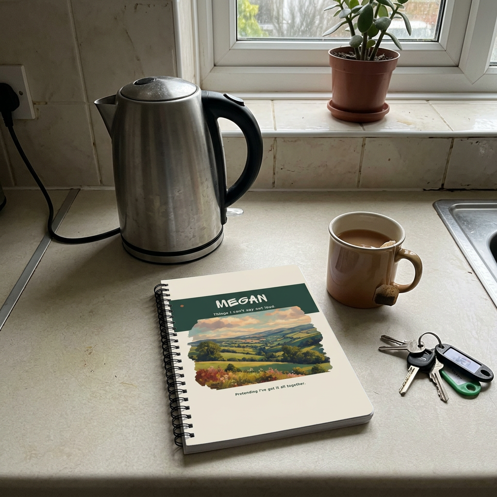Megan notebook on an everyday British kitchen counter