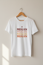 White T-shirt with stacked ombre name text and small heart on the chest