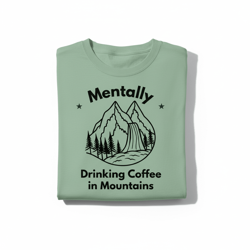 Light green T-shirt with black 'Mentally Drinking Coffee in Mountains' graphic front