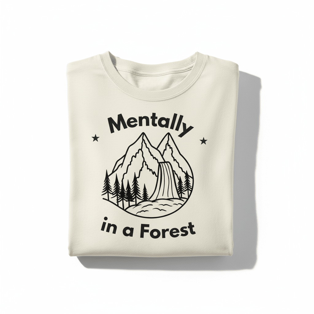 Ivory T-shirt with black 'Mentally in a Forest' mountain forest graphic front