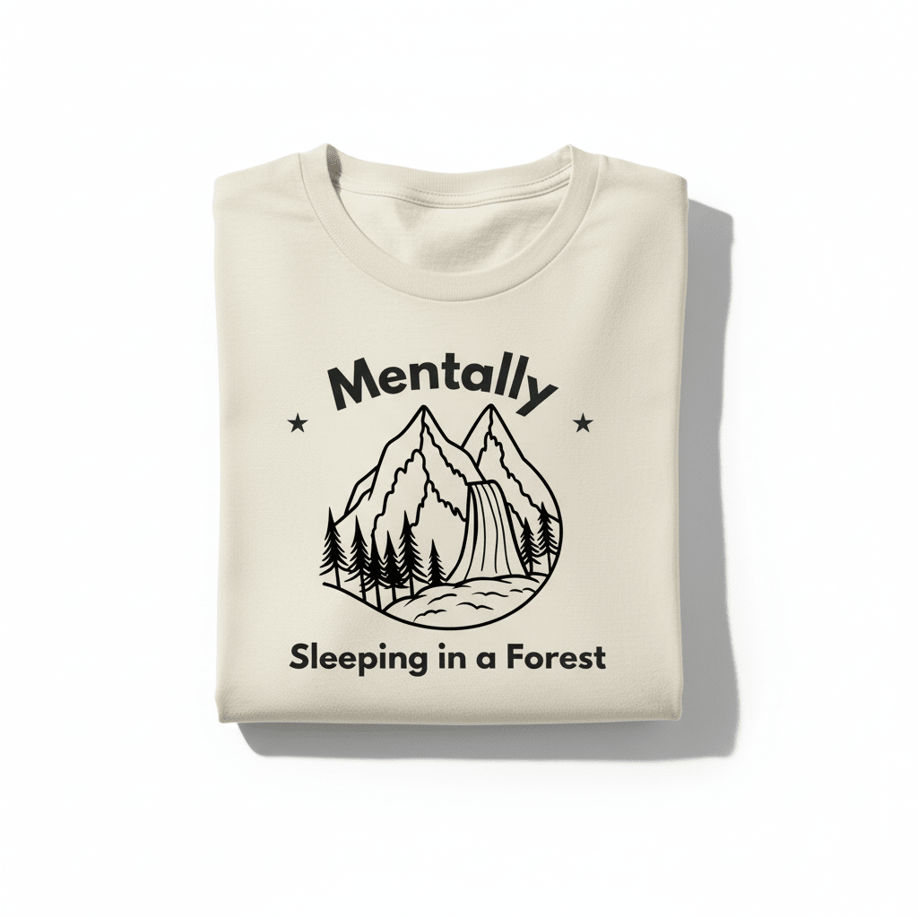 Ivory T-shirt with black 'Mentally Sleeping in a Forest' mountain forest graphic front