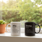 Two mugs: white Mia noun (Bookworm, Nature Explorer, Animal Lover) and black Emma noun