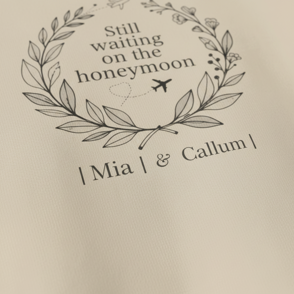 Beige hoodie print: 'Still waiting on the honeymoon' wreath with 'Mia I & Callum I'