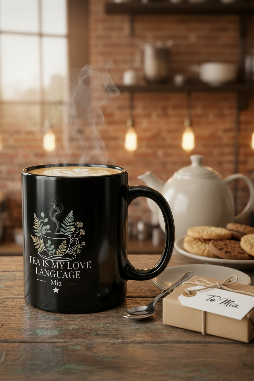 Black personalised tea mug with steam; 'Tea Is My Love Language'—Grace