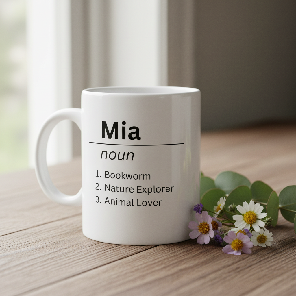 White mug with Mia noun and 1 Bookworm, 2 Nature Explorer, 3 Animal Lover