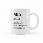 White mug with Mia noun and 1 Bookworm, 2 Nature Explorer, 3 Animal Lover