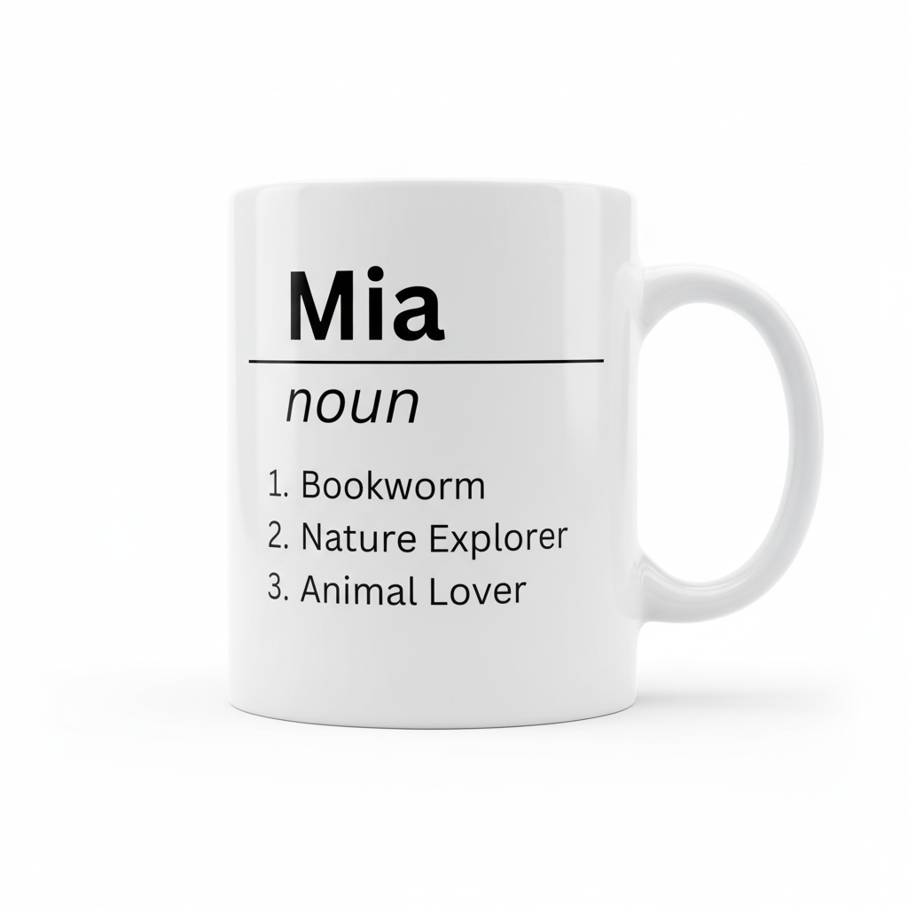 White mug with Mia noun and 1 Bookworm, 2 Nature Explorer, 3 Animal Lover