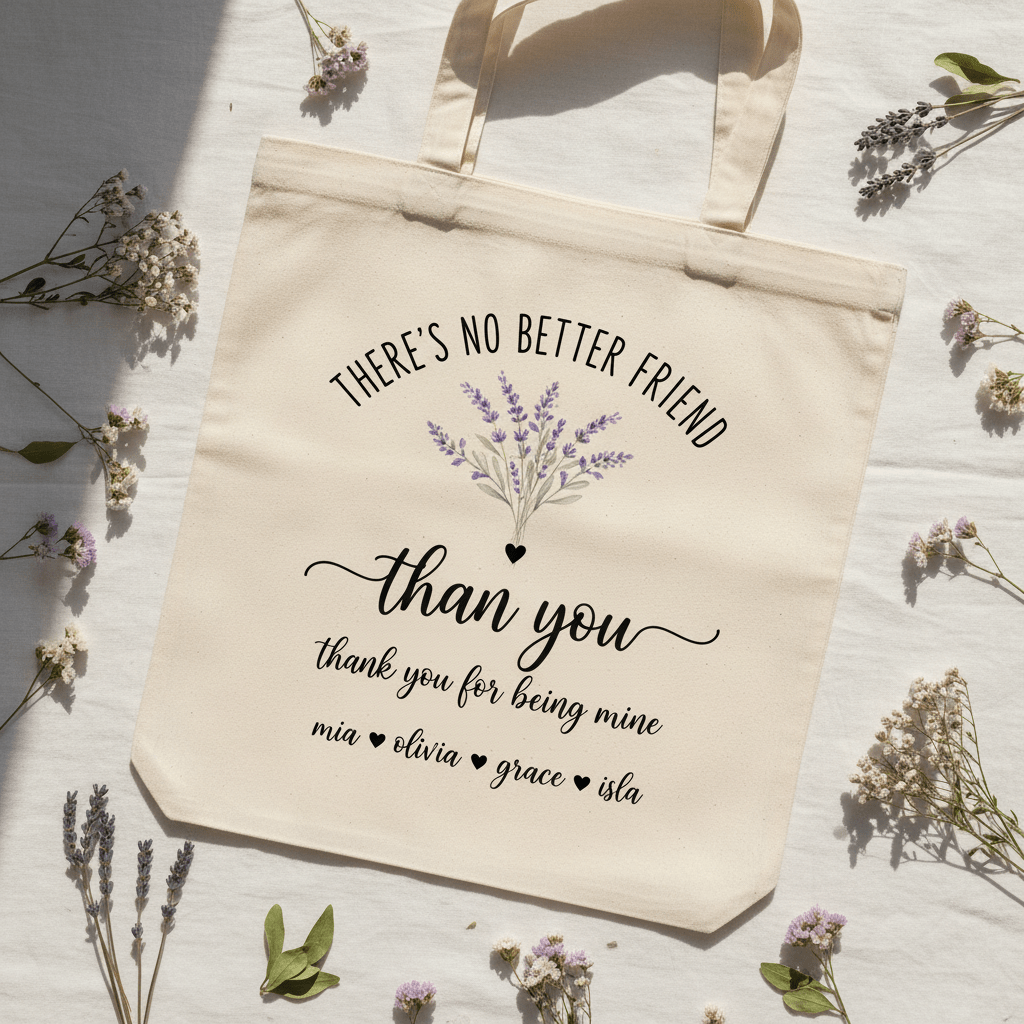Cream tote bag with lavender sprig illustration and personalized “than you” lettering