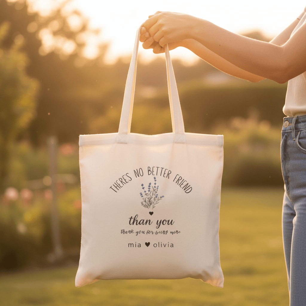 White tote bag held in hand with “There’s No Better Friend” and flower “than you” text