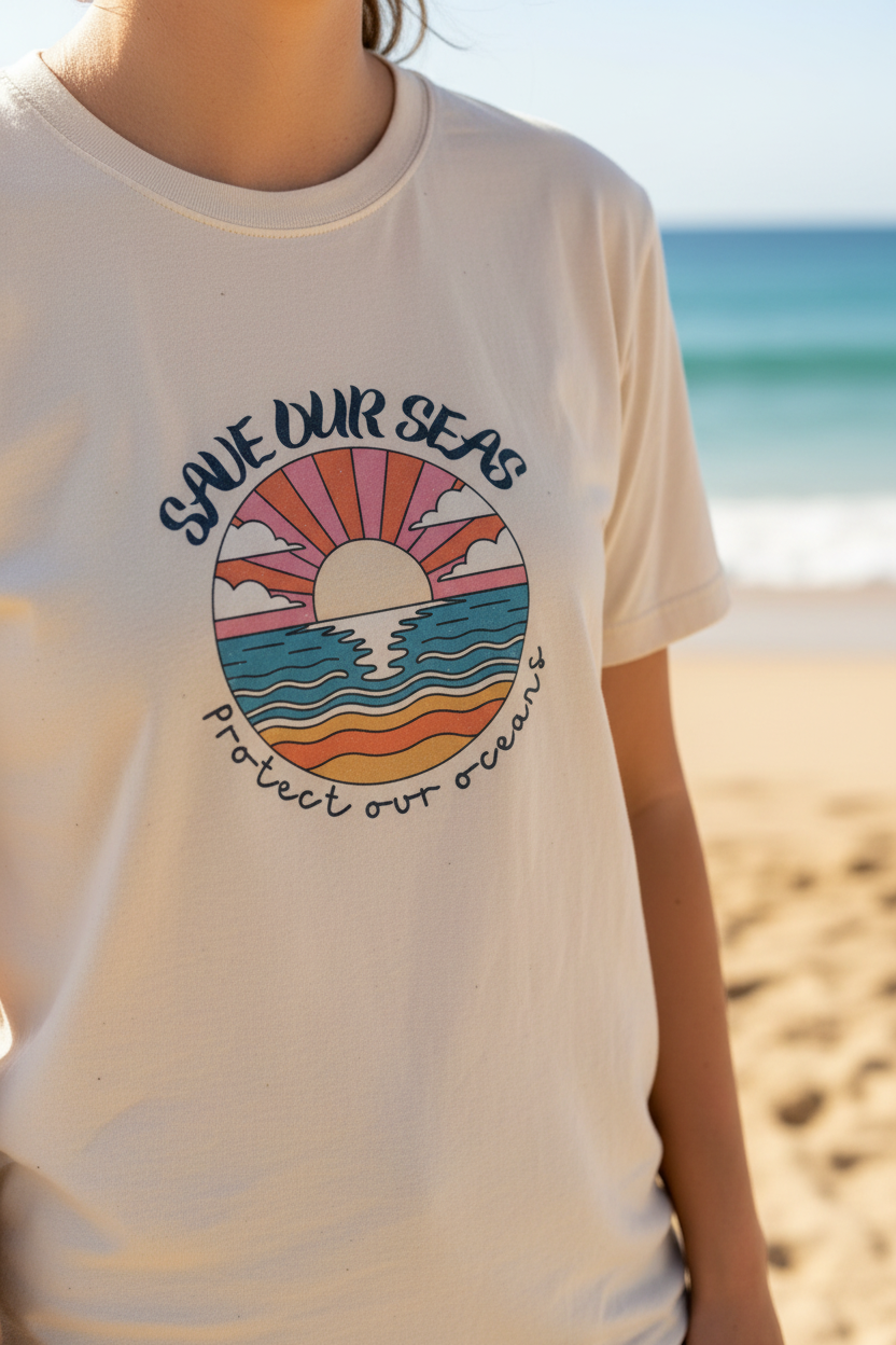 Close-up of white graphic T-shirt showing circular ocean sunset logo on chest