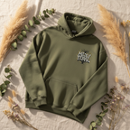 Dark green graphic hoodie with kangaroo pocket and front logo