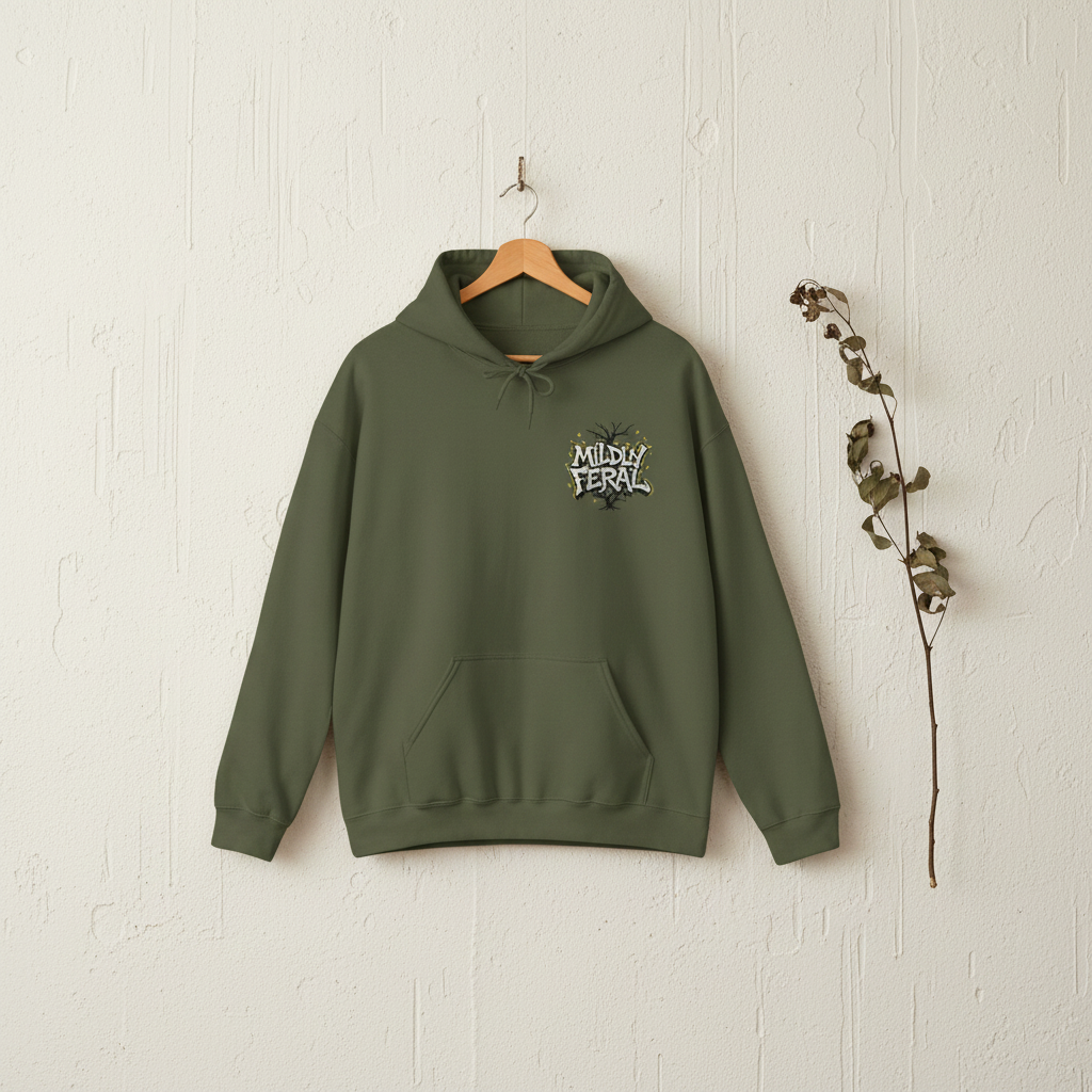 Dark green graphic hoodie with small front logo