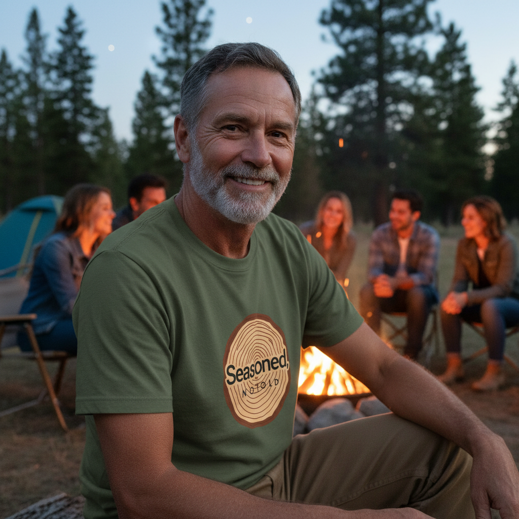 Forest green t-shirt with tree-ring style Seasoned logo on chest, worn by man