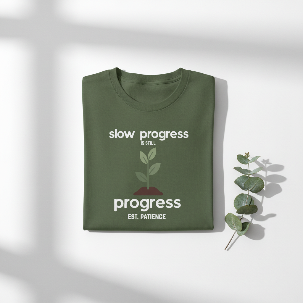 Military green T-shirt with "slow progress" slogan and minimal plant graphic, crew neck.