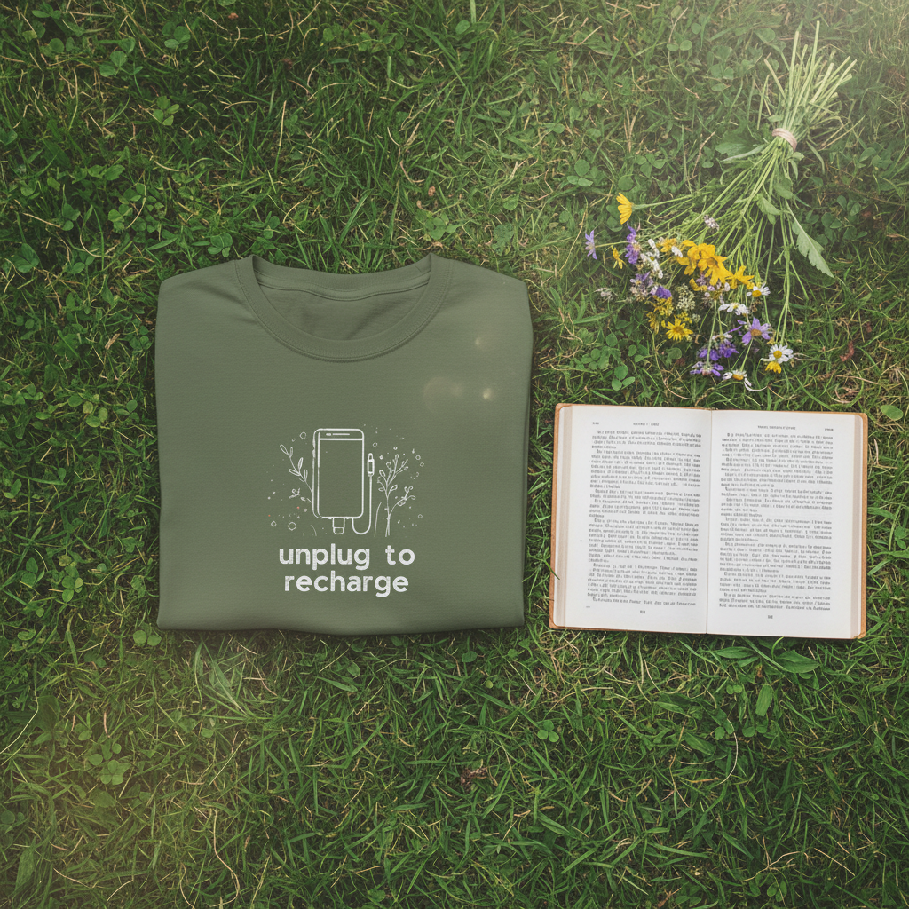 Unisex T-shirt in forest green with unplug to recharge phone graphic