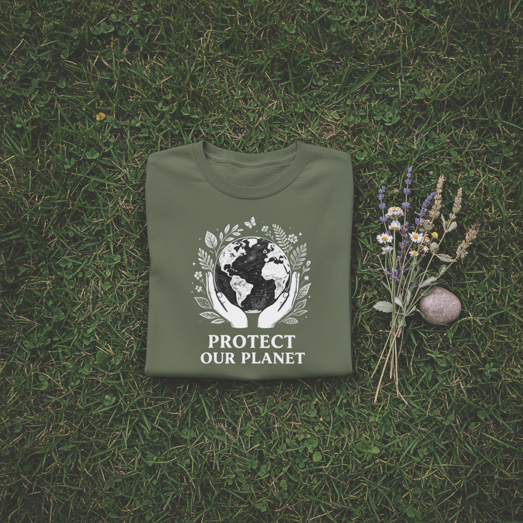 Olive green T-shirt with globe-and-leaf 'Protect Our Planet' graphic