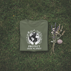 Olive green T-shirt with globe-and-leaf 'Protect Our Planet' graphic