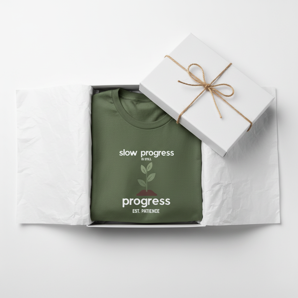 Military green motivational t-shirt with centered plant and “progress EST. PATIENCE” slogan