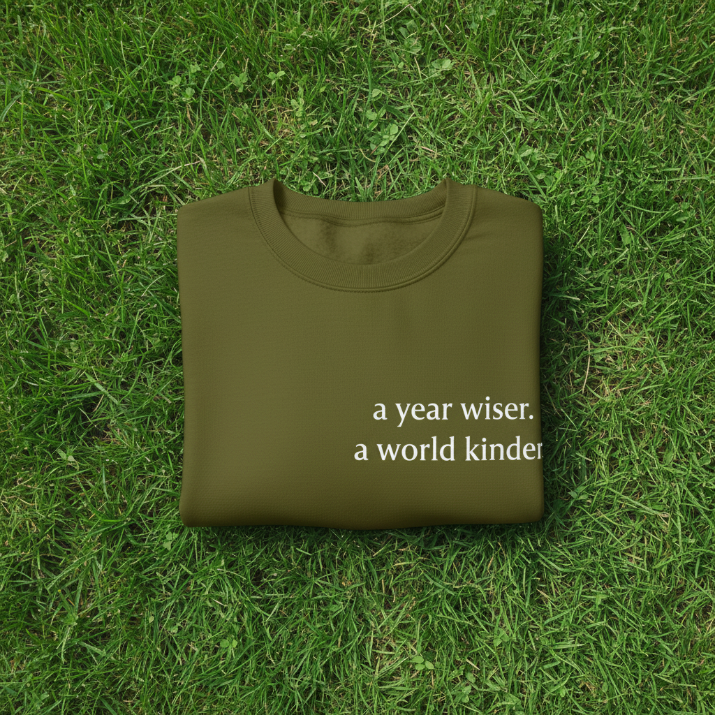 Olive sweatshirt with “a year wiser, a world kinder.” text on the front.