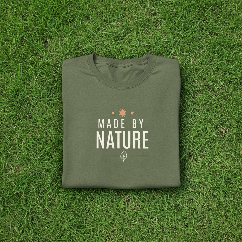 Military green crewneck t-shirt with "Made By Nature" eco graphic logo print