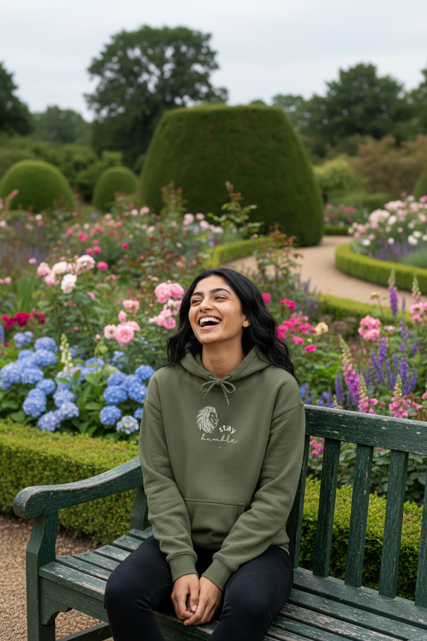 Olive green hooded sweatshirt with lion Stay Humble graphic, drawstring hood and front pocket