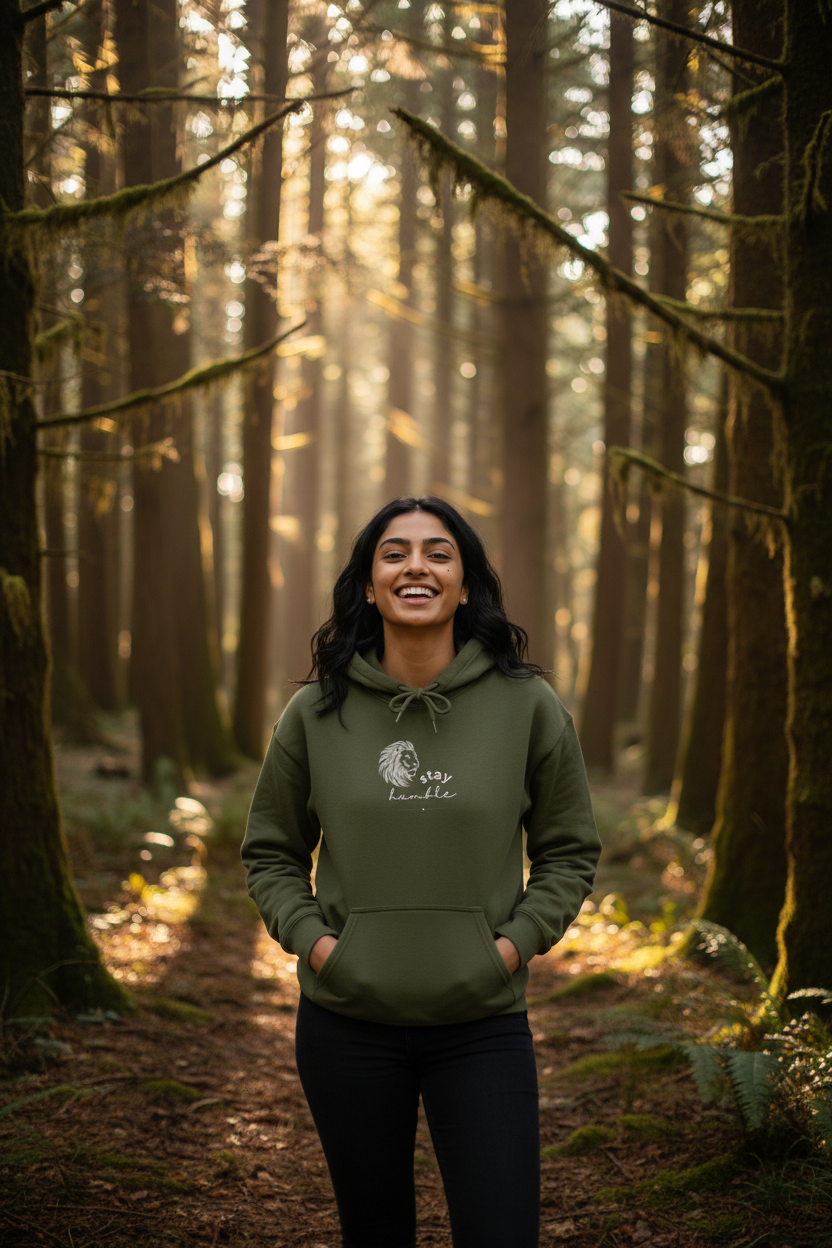 Olive green hoodie with lion Stay Humble chest graphic, drawstring hood and front pocket