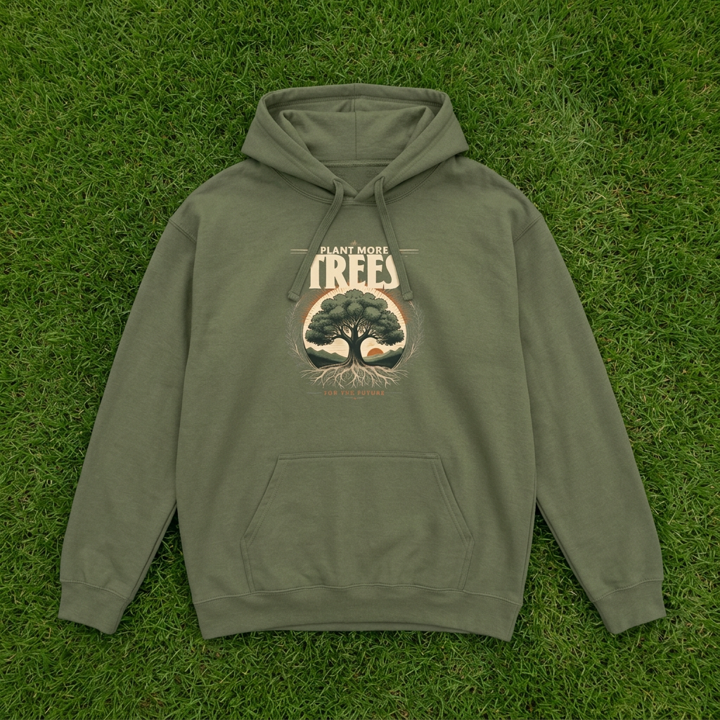 Light olive unisex pullover hoodie with “Plant More Trees” tree graphic and front pocket