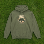 Light olive unisex pullover hoodie with “Plant More Trees” tree graphic and front pocket
