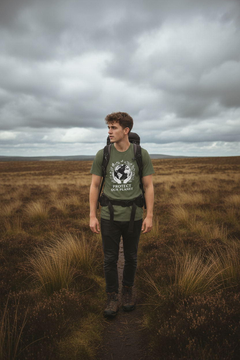 Military green T-shirt with globe laurel graphic: 'PROTECT OUR PLANET'