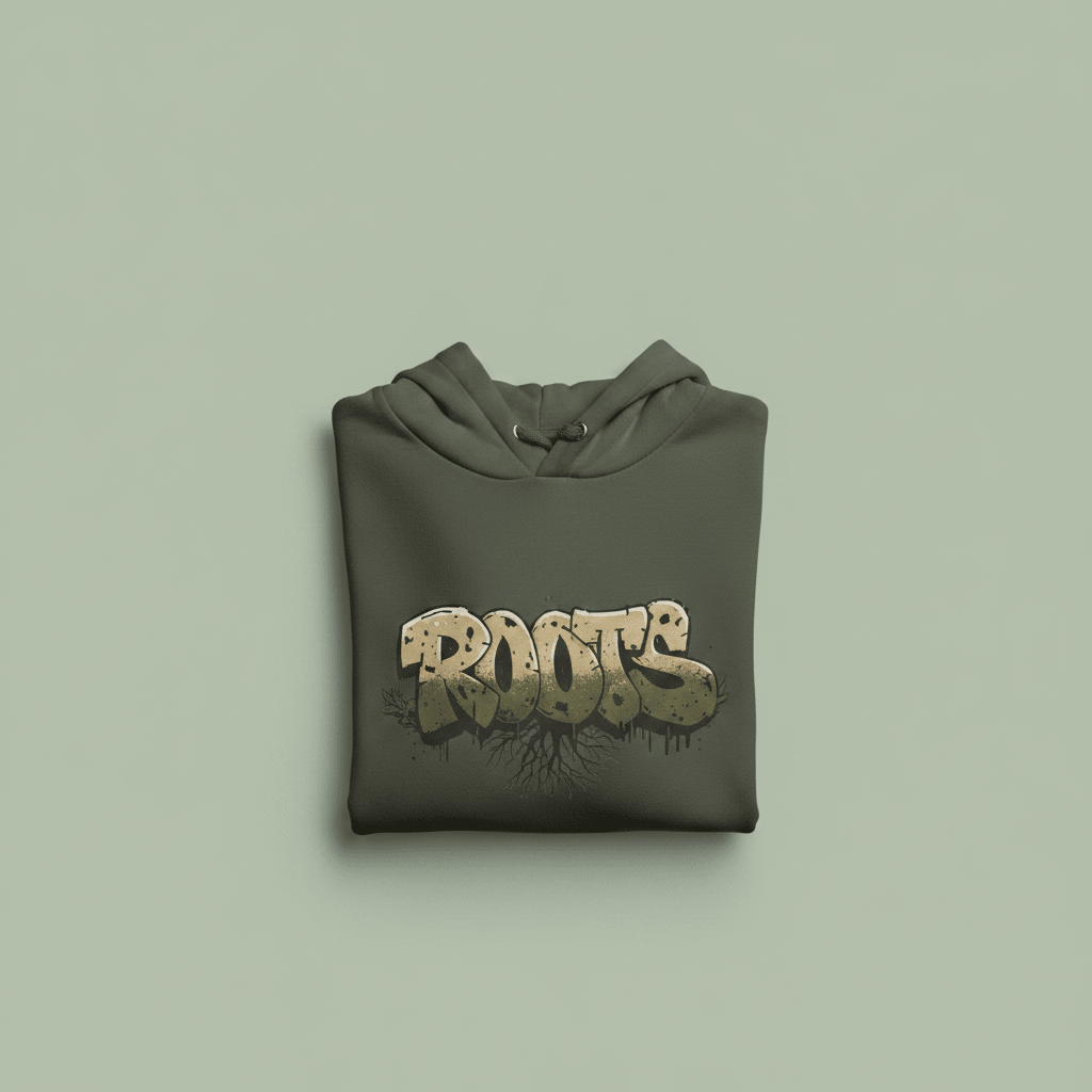 Dark green graphic hoodie with hood and kangaroo pocket, Roots text chest graphic