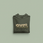 Dark green graphic hoodie with hood and kangaroo pocket, Roots text chest graphic